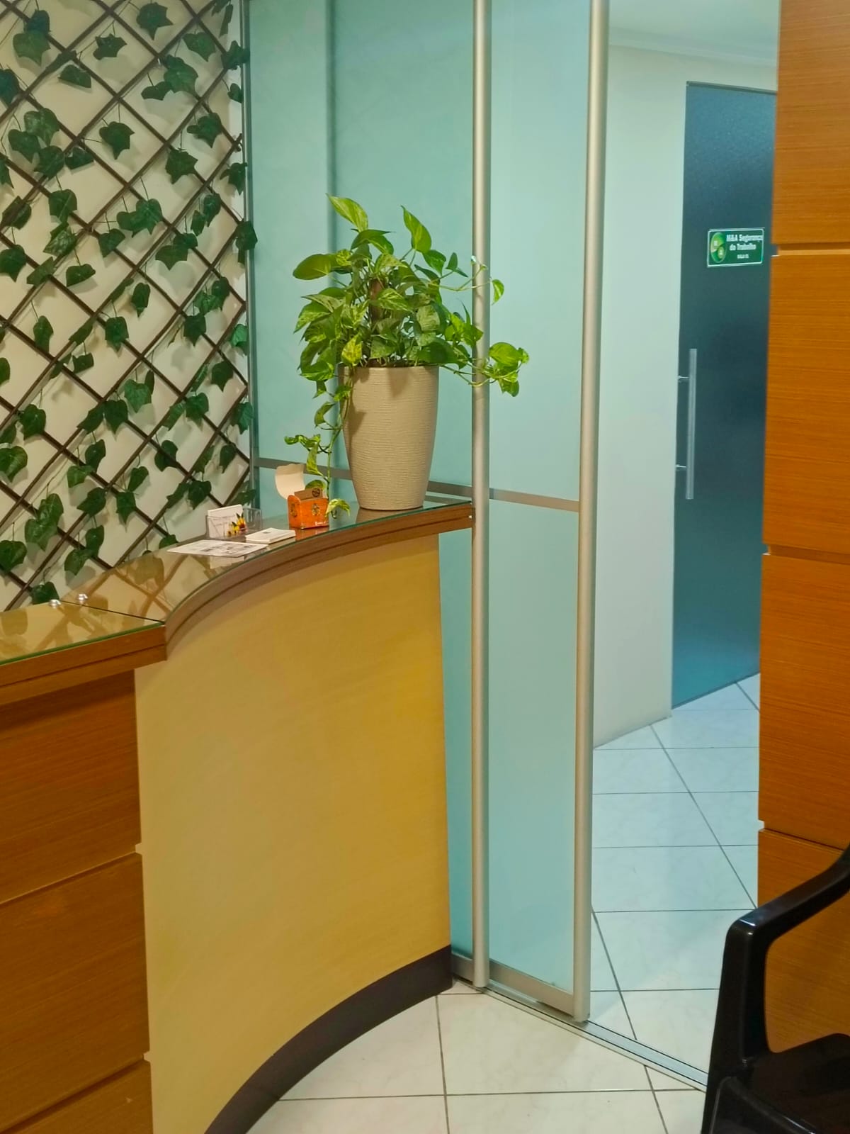 Recepção do consultório com balcão, planta e parede verde